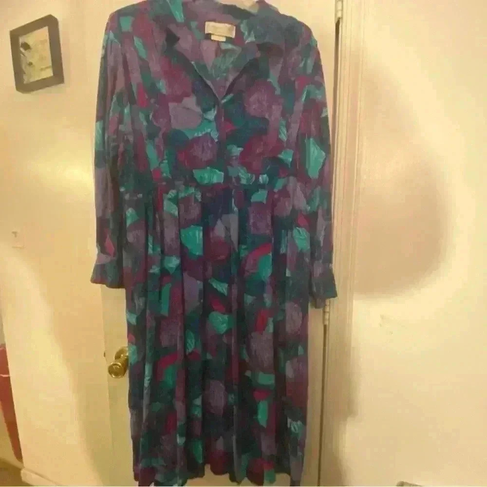 VINTAGE Dorthy Samuel multicolour floral dress with square pattern with belt 18W